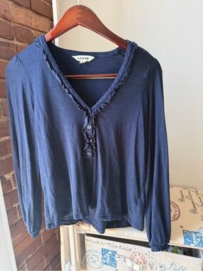 Boden Navy Ruffle-Trim Long Sleeve Henley